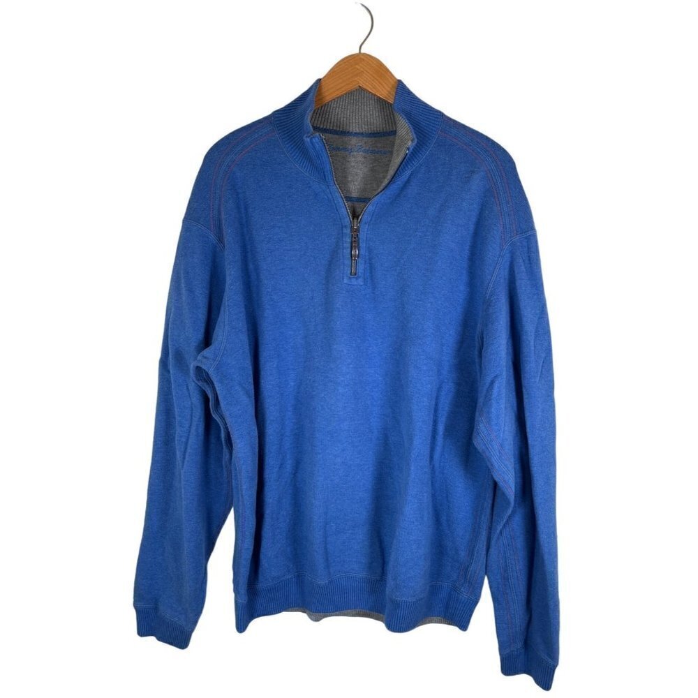 Tommy Bahama‎ Mens Size L Reversible Blue and Grey Cotton Zip Mock Neck Knit Top
